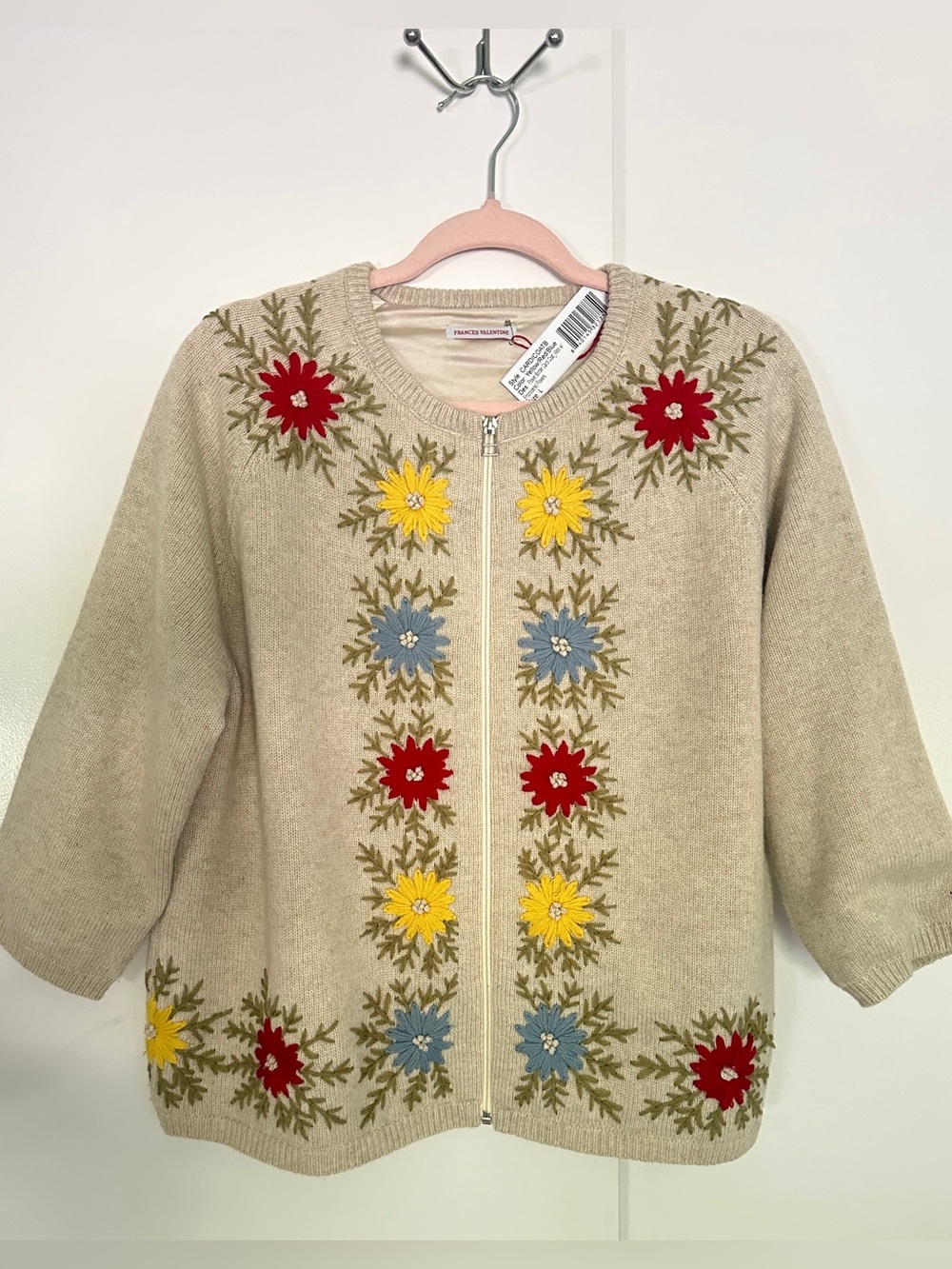 Frances Valentine Beige Floral Embroidered Cardigan Sweater NWT